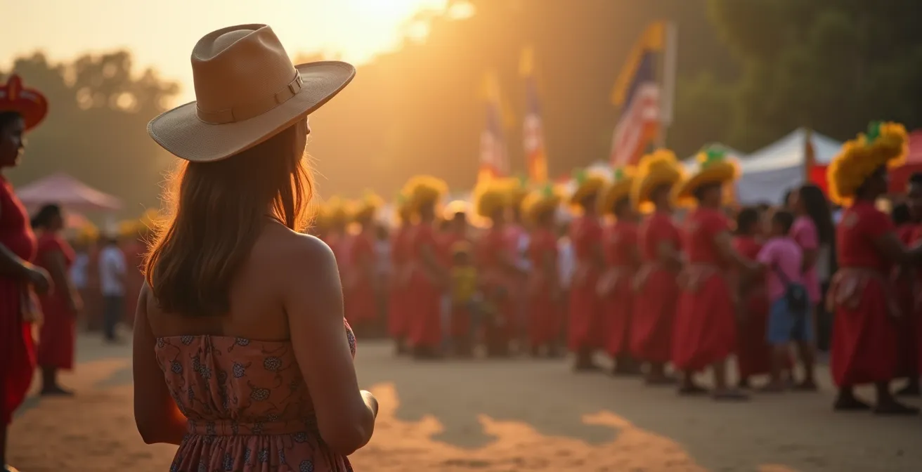 Tourist beobachtet respektvoll eine traditionelle Zeremonie aus angemessener Entfernung