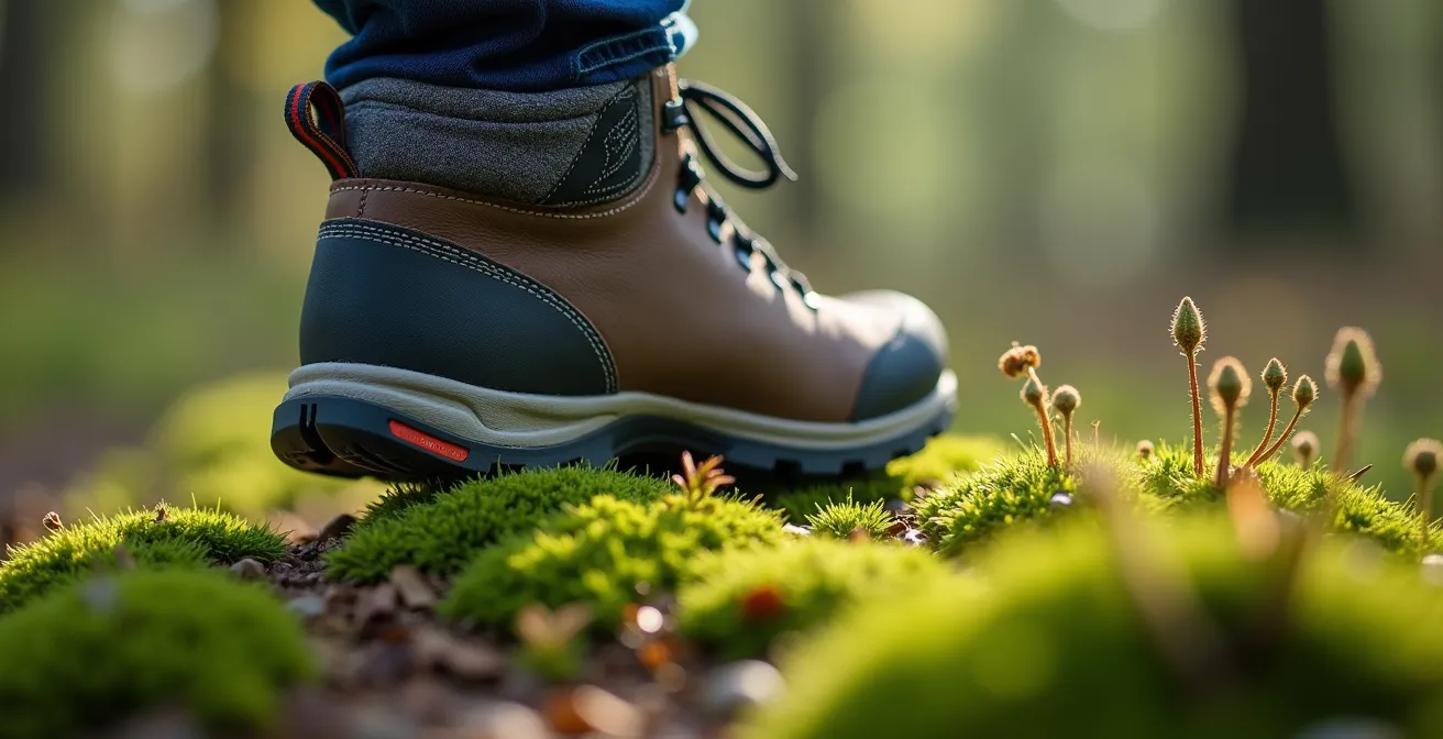 Detailaufnahme von Wanderschuhen auf moosbedecktem Waldpfad ohne Spuren zu hinterlassen