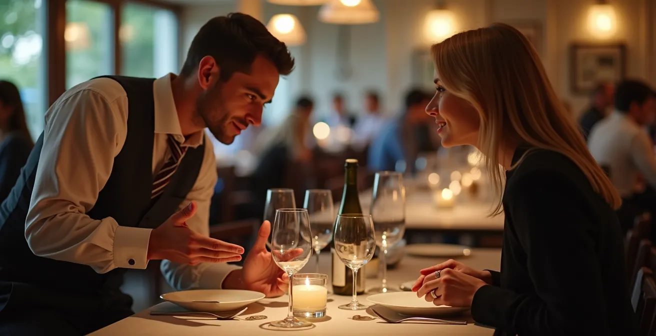 Warme Restaurantszene mit aufmerksamem Service im Gespräch mit interessiertem Gast