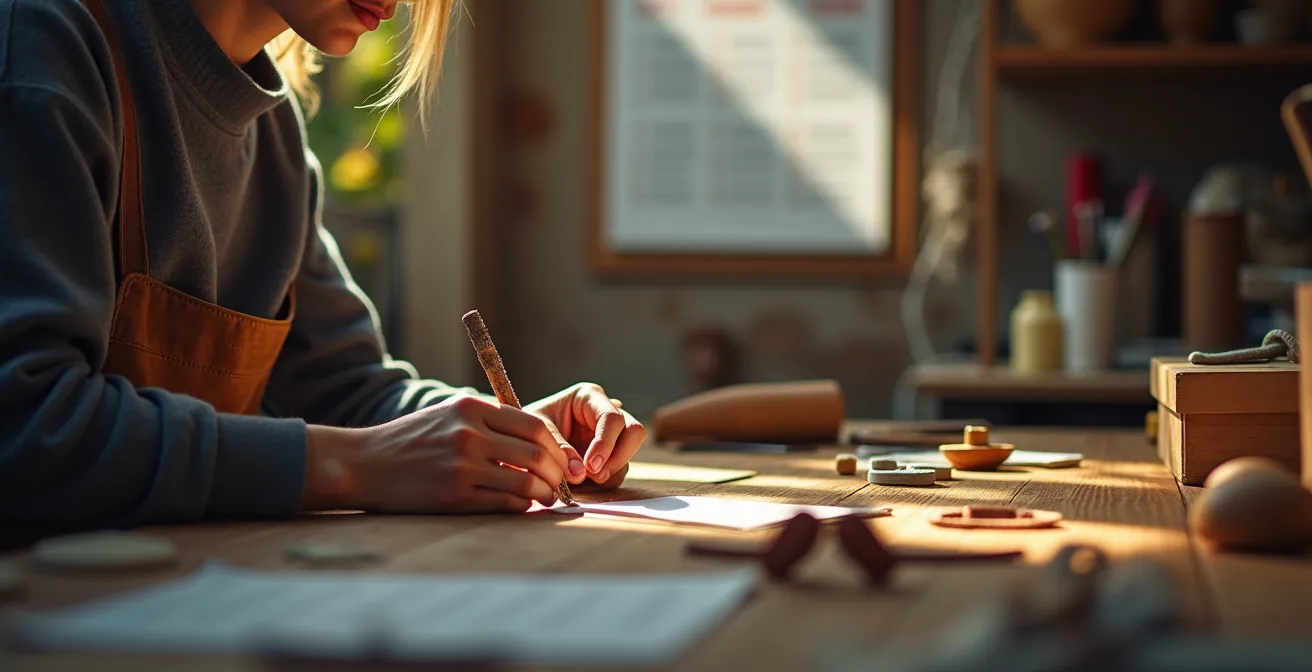 Arbeitsplatz mit Kalender und handgefertigten Produkten in verschiedenen Fertigungsstadien