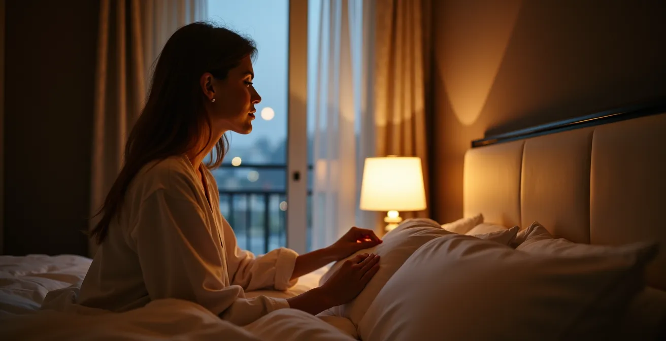 Beruhigendes Hotelzimmer mit mehreren Lichtquellen am Abend