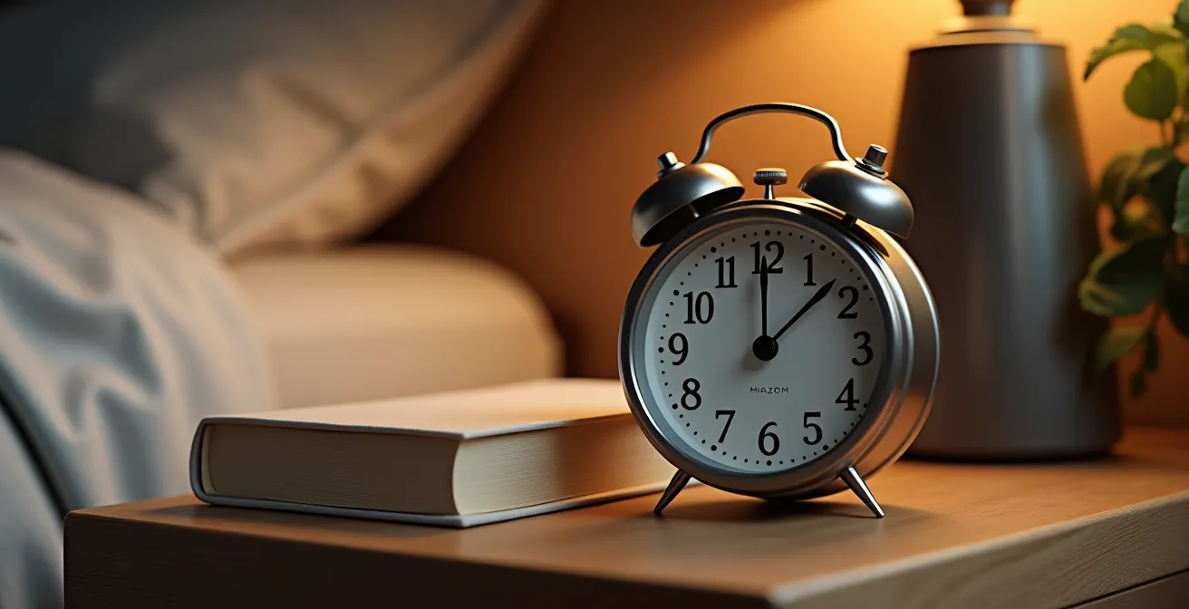 Nachttisch mit klassischem Analogwecker und Buch statt Smartphone
