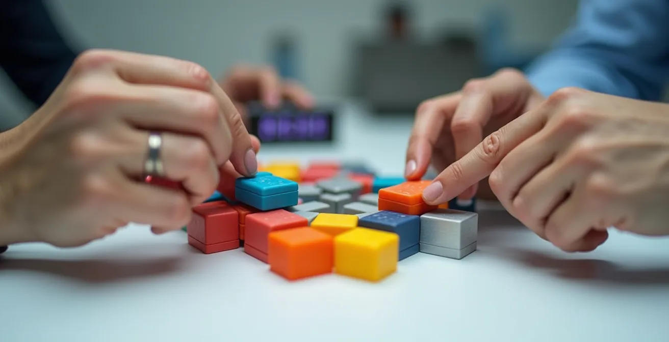 Makroaufnahme von Händen beim Zusammenbau eines modularen Prototyps