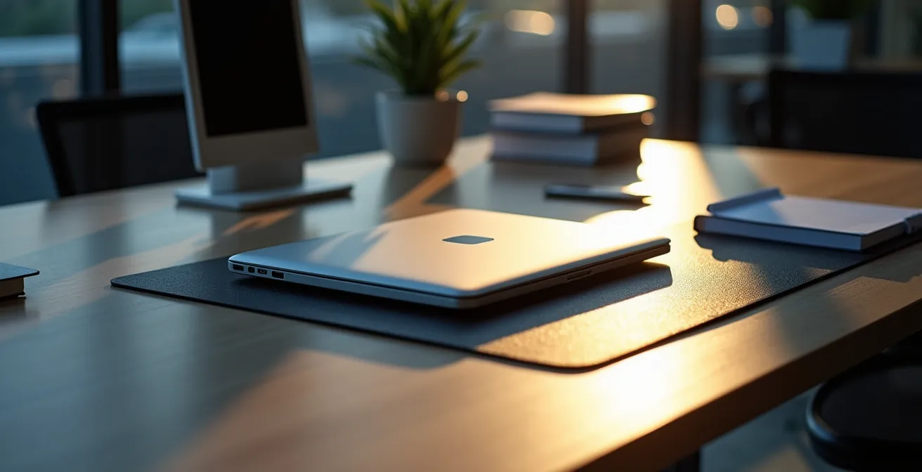 Ergonomisch eingerichteter Arbeitsplatz mit verschiedenen Zonen für unterschiedliche Arbeitshaltungen