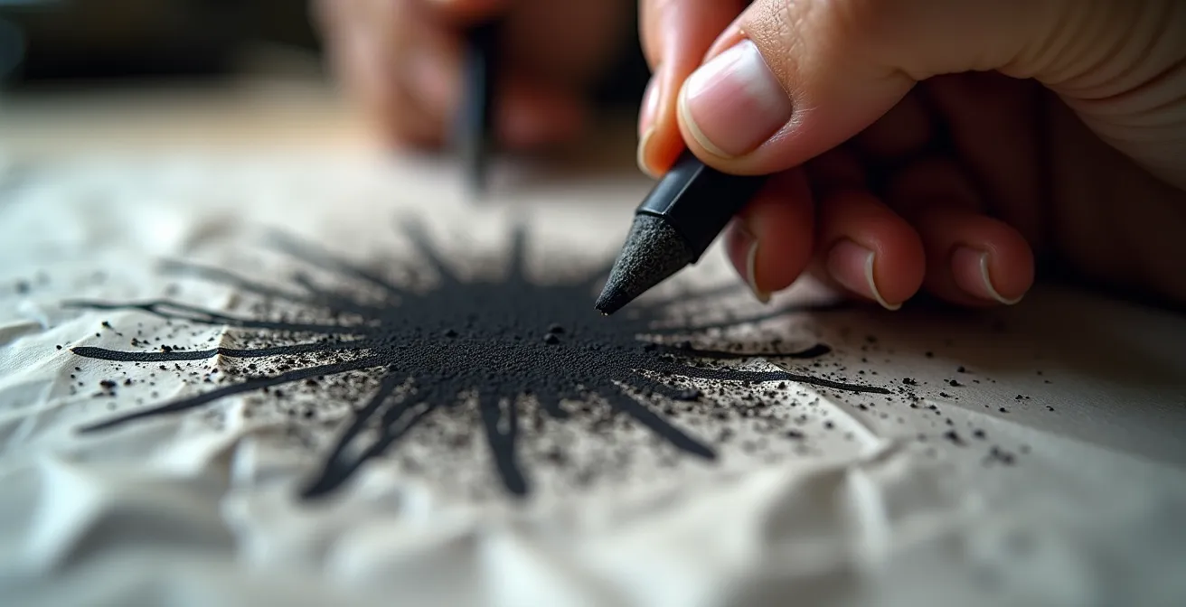 Nahaufnahme von Händen, die spontan mit Kohle auf zerknittertem Papier zeichnen