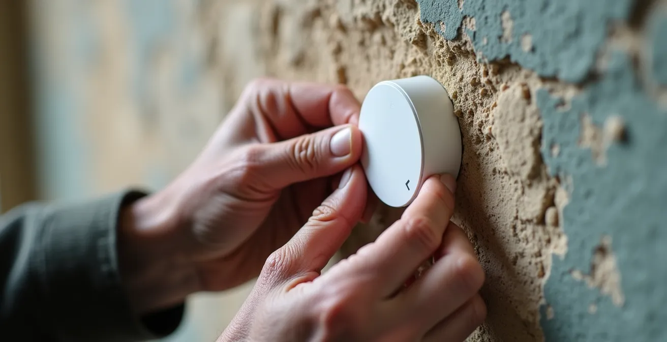 Detailaufnahme einer Hand, die einen kabellosen Sensor an einer historischen Wand anbringt