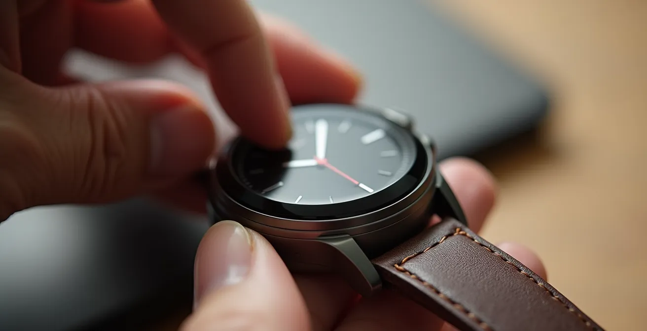 Nahaufnahme einer Hand, die Datenschutzeinstellungen auf einer Smartwatch anpasst