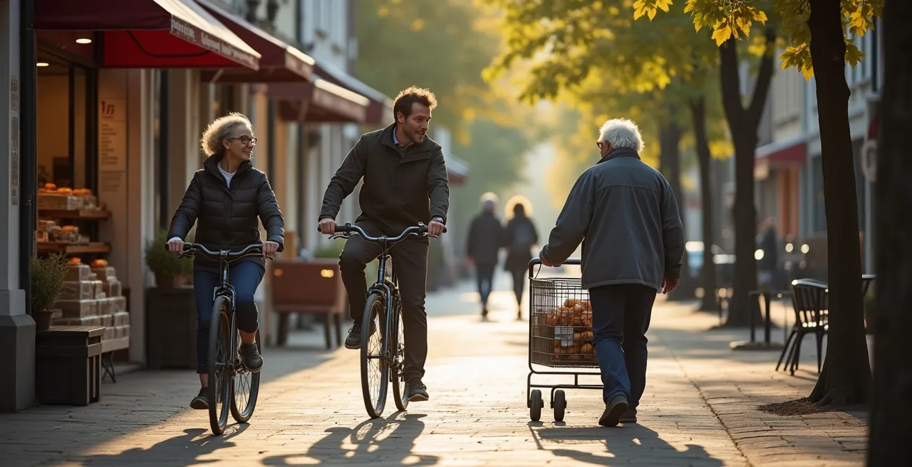 Lebendiges Stadtviertel mit lokalen Geschäften und kurzen Wegen in einem deutschen Kiez