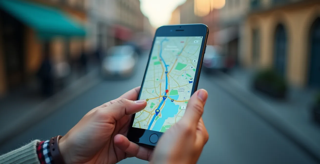 Hände halten ein Smartphone mit einer abstrakten Offline-Karte zur Navigation in einer Großstadt.