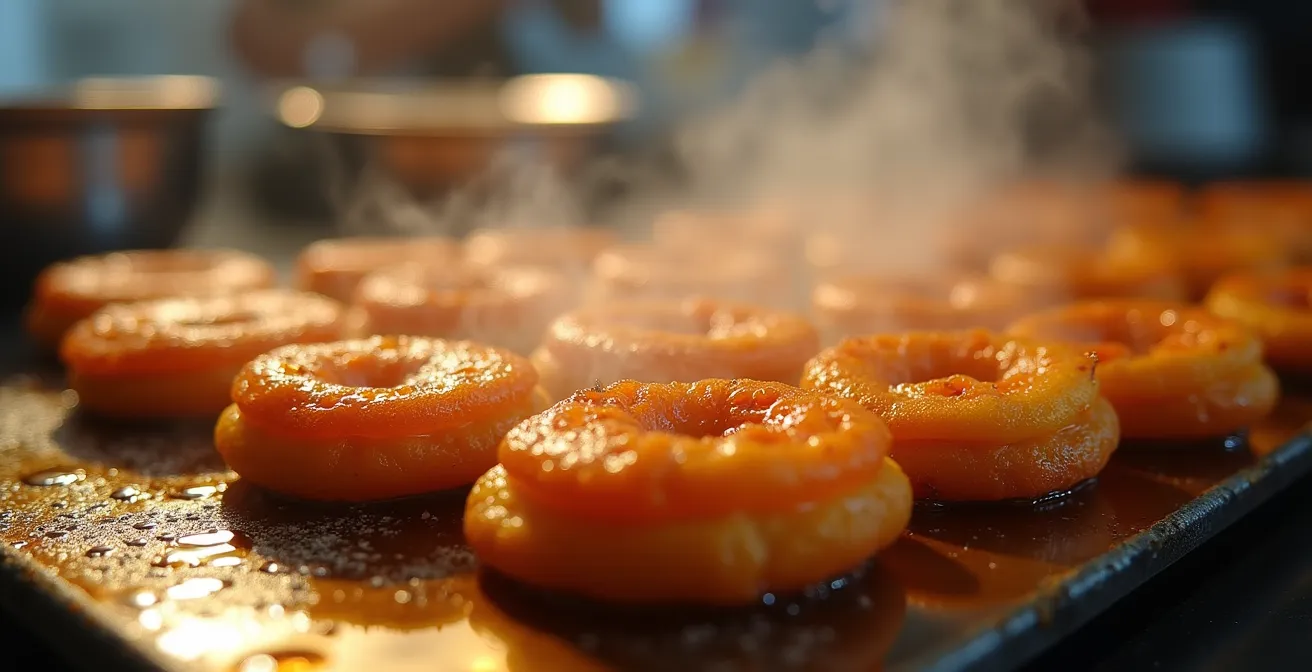 Nahaufnahme von der Zubereitung von frischem Street Food, mit Dampf und leuchtenden Farben, was Appetit und Sicherheit signalisiert.