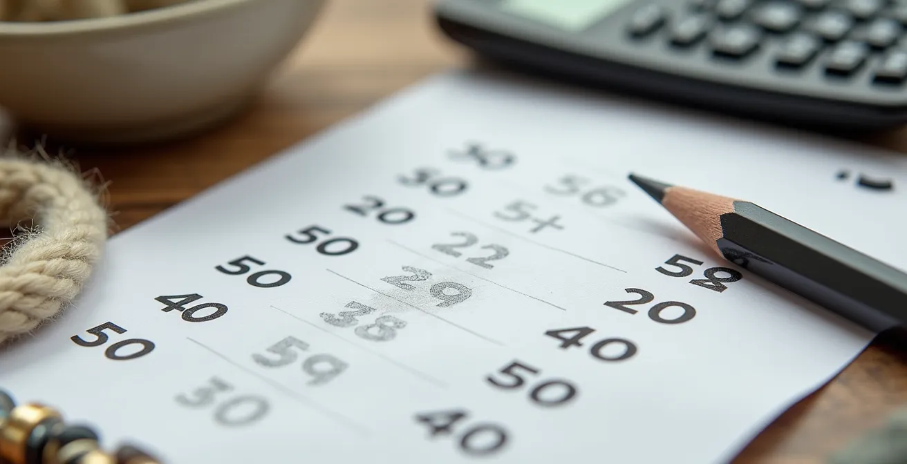 Nahaufnahme eines Kalkulationsblatts mit handgefertigten Produkten und Taschenrechner