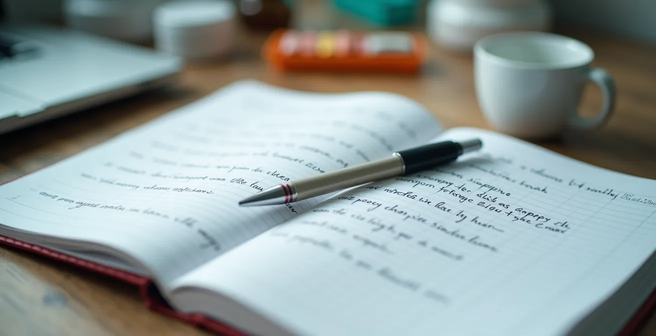 Nahaufnahme eines aufgeschlagenen Gesundheitstagebuchs mit handschriftlichen Notizen