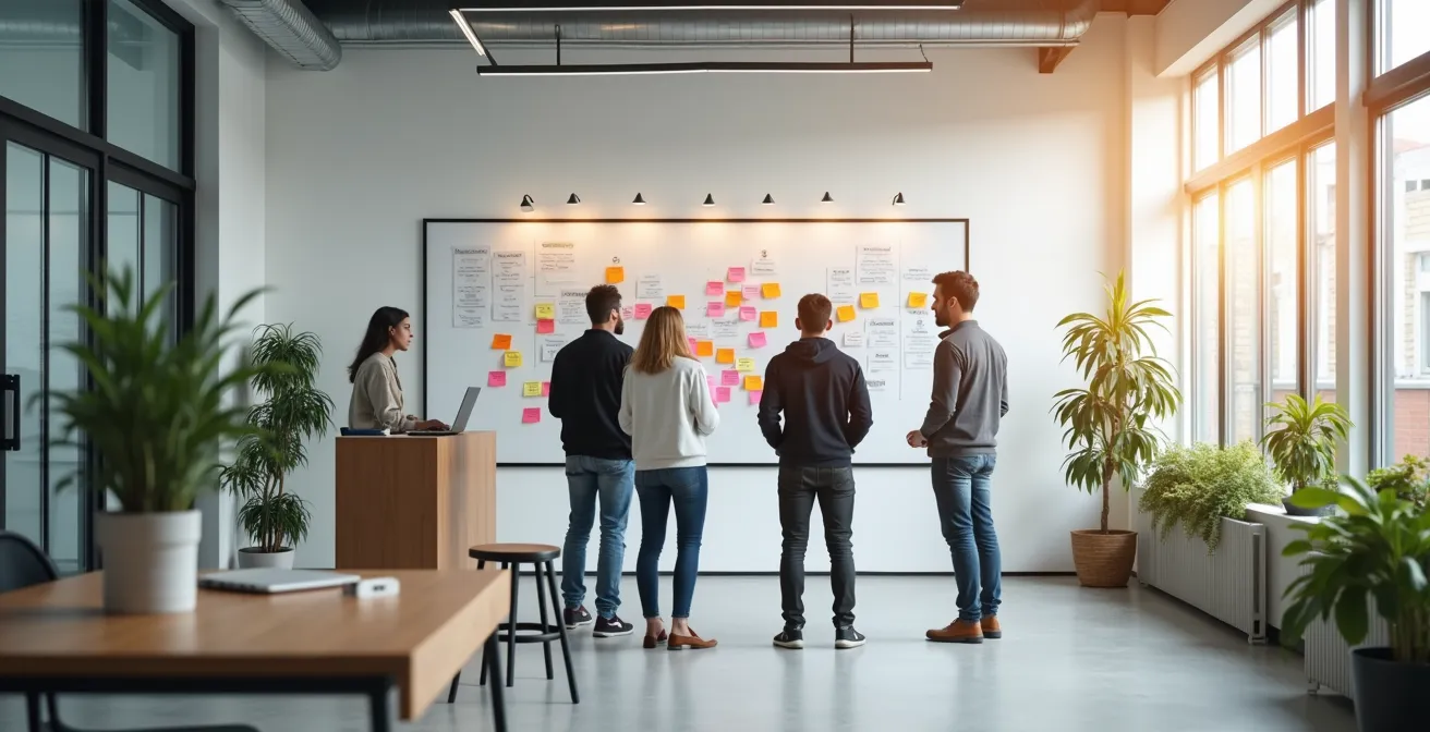 Team erarbeitet gemeinsam Purpose-Statement an großem Whiteboard in einem modernen deutschen Büro.