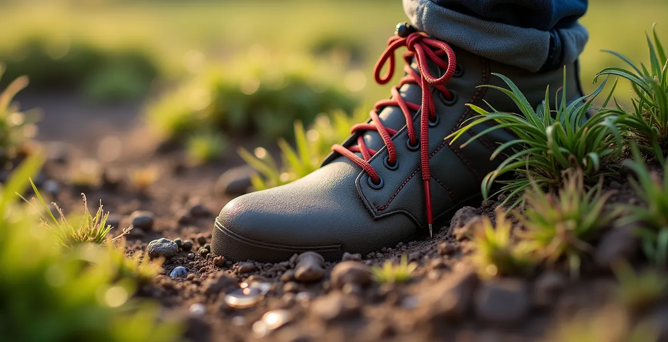 Makroaufnahme von zerstörter Vegetation durch Fußspuren im Naturschutzgebiet