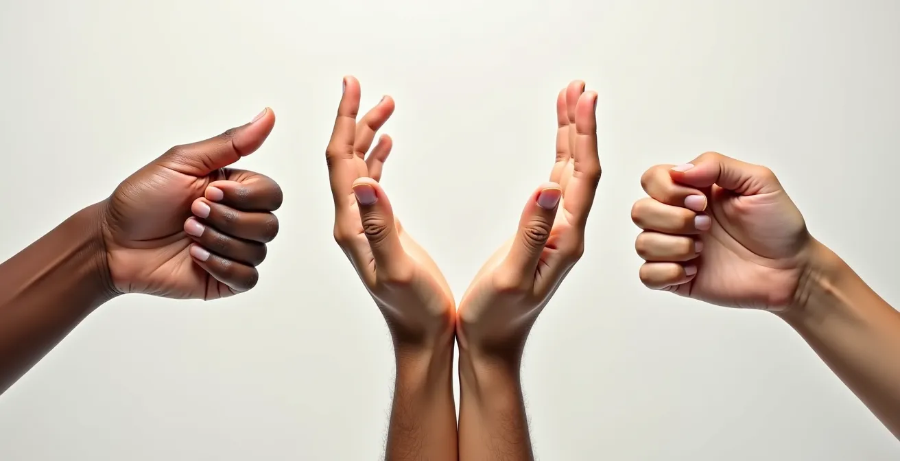 Hände zeigen verschiedene internationale Begrüßungsgesten in einer Collage