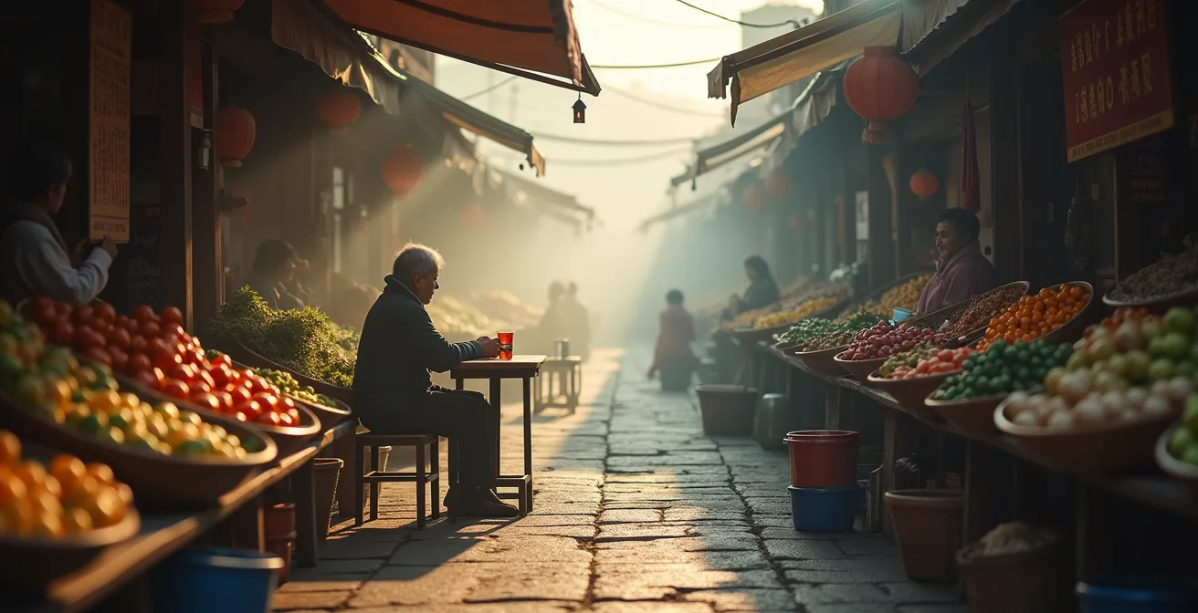 Lokaler Wochenmarkt am frühen Morgen mit authentischen Begegnungen zwischen Reisenden und Einheimischen