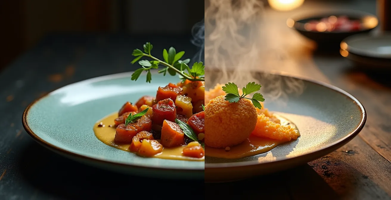 Kontrast zwischen gehobener Küche in einem eleganten Restaurant und authentischem, dampfendem Straßenessen.