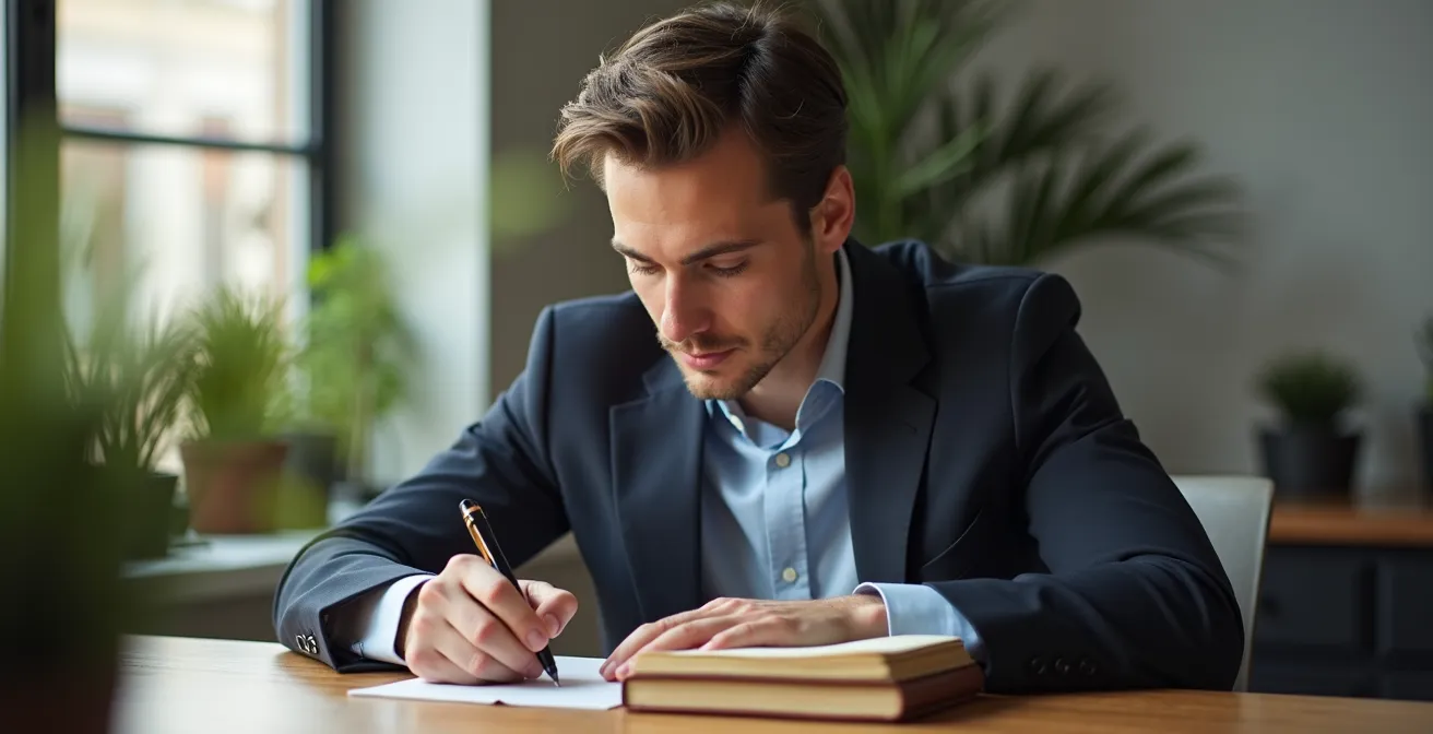 Geschäftsperson schreibt konzentriert in Notizbuch an minimalistischem Schreibtisch bei natürlichem Licht