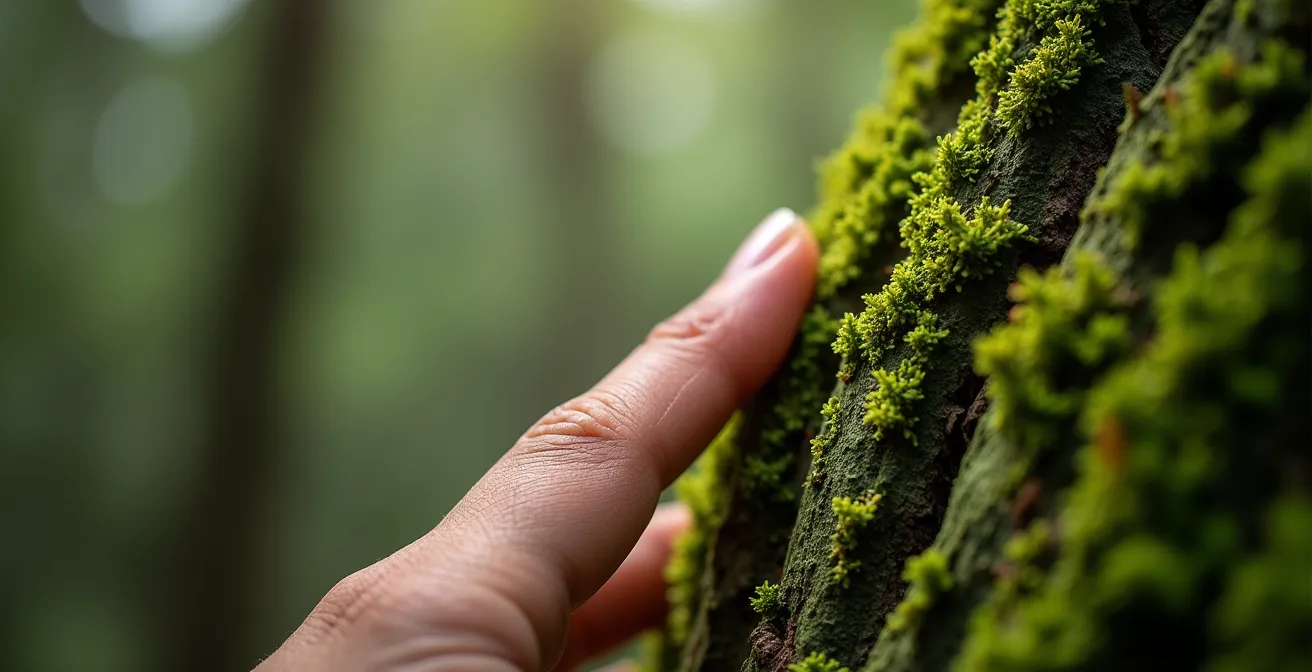 Person meditiert zwischen alten Buchen im deutschen Wald