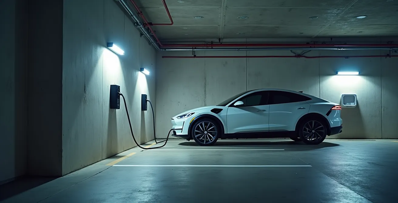 Moderne Wallbox in Tiefgarage eines Mehrfamilienhauses