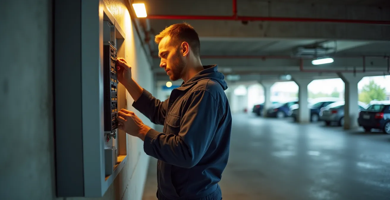 Wallbox-Installation in moderner Tiefgarage eines deutschen Mehrfamilienhauses
