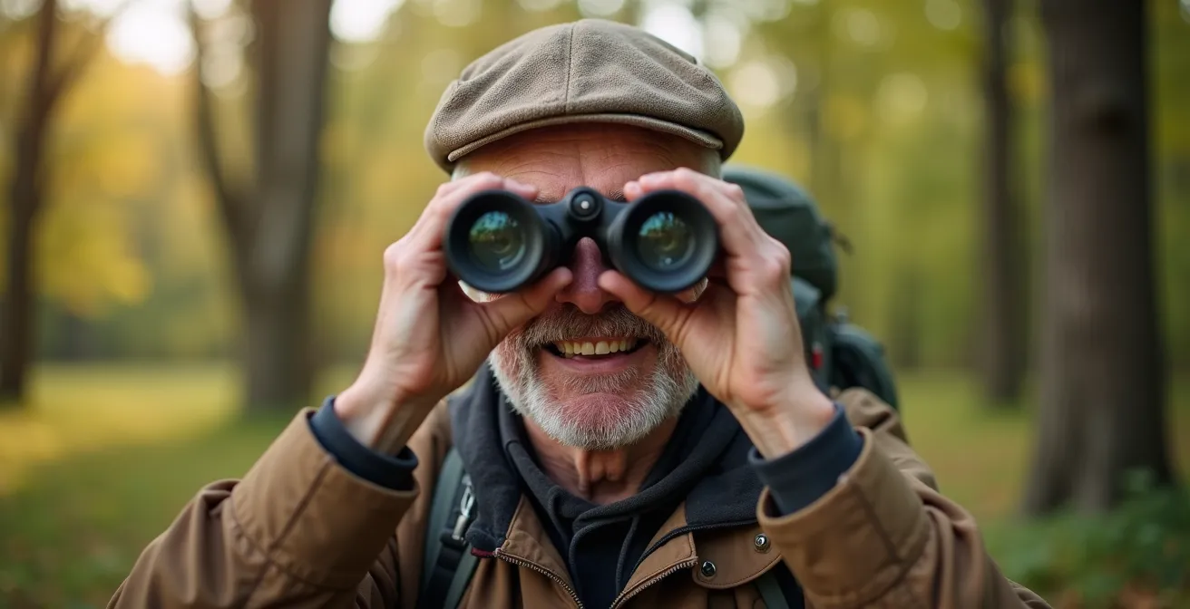 Nahaufnahme eines lächelnden Wanderers mit Fernglas in deutscher Mittelgebirgslandschaft