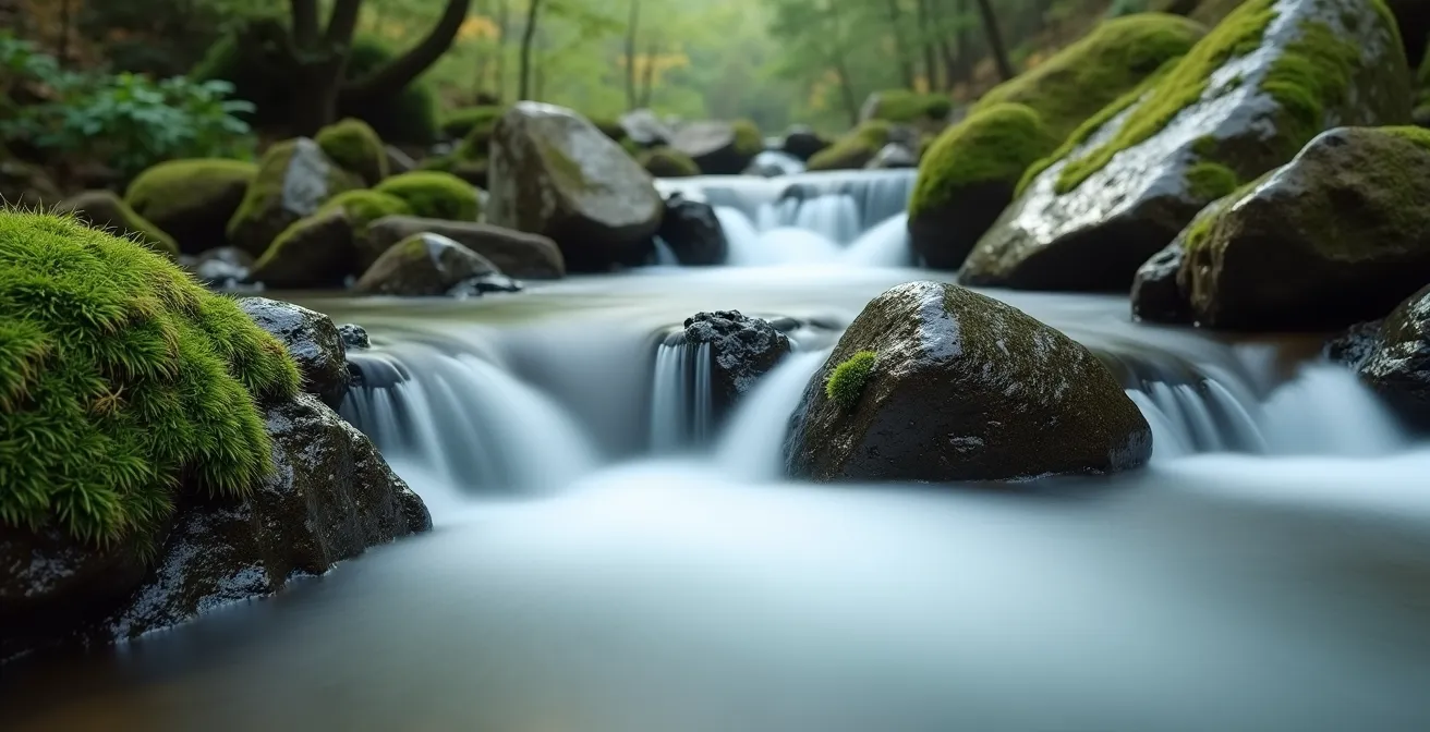 Seidig fließendes Wasser über bemooste Steine im deutschen Waldbach