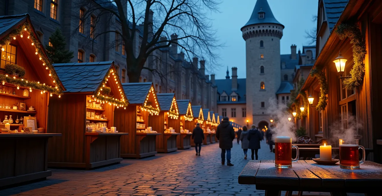 Stimmungsvoller Weihnachtsmarkt in einer mittelalterlichen Burganlage bei Abenddämmerung