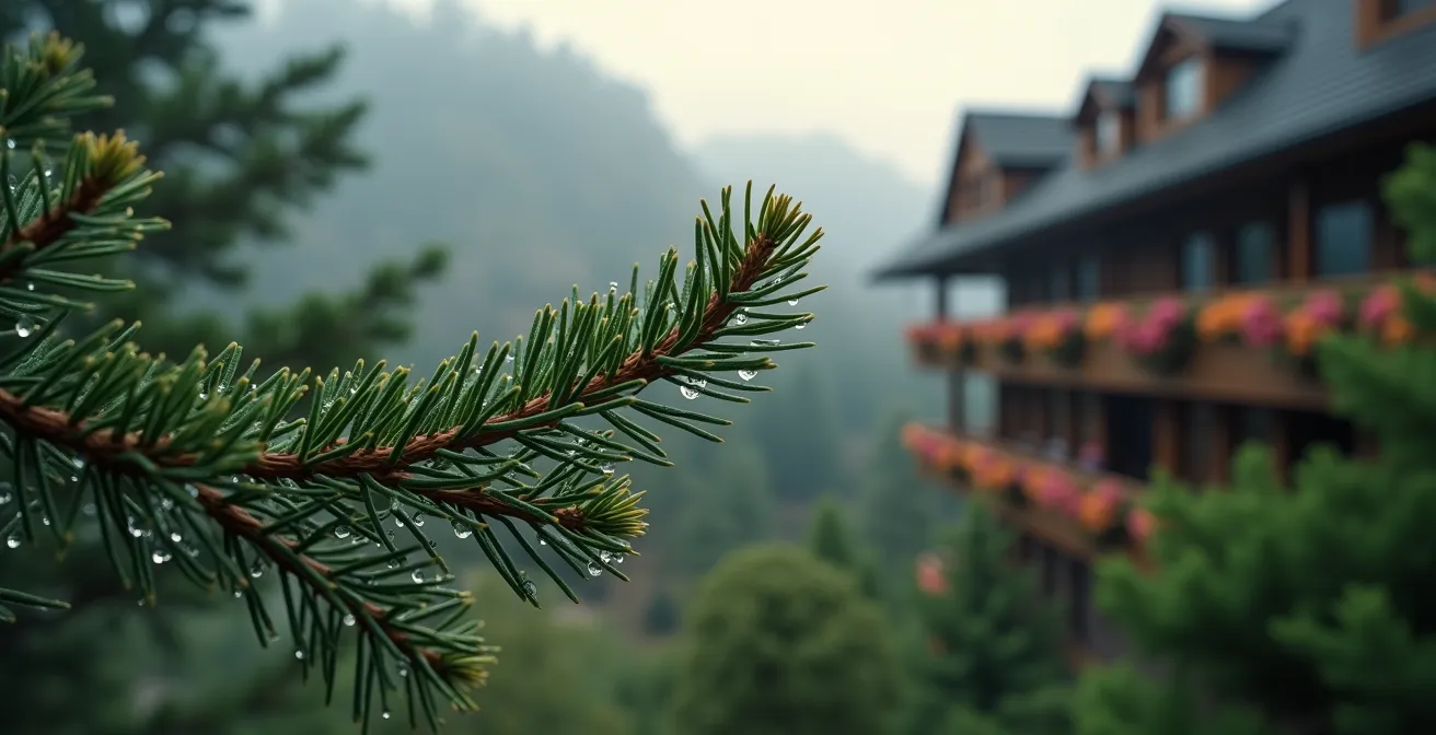 Panoramablick auf ein Wellnesshotel in der deutschen Mittelgebirgslandschaft des Schwarzwalds, das als Ankerpunkt der Entspannung dient.