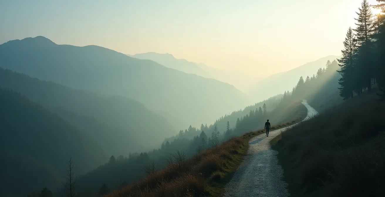 Weitläufige Mittelgebirgslandschaft mit Wanderweg als Symbol für regenerativen Aktivurlaub