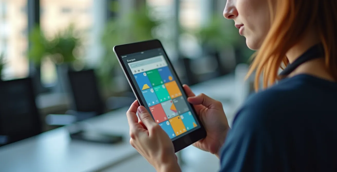Person durchsucht eine digitale Datenbank für Gesundheitskurse auf einem Tablet, um zertifizierte Angebote zu finden.