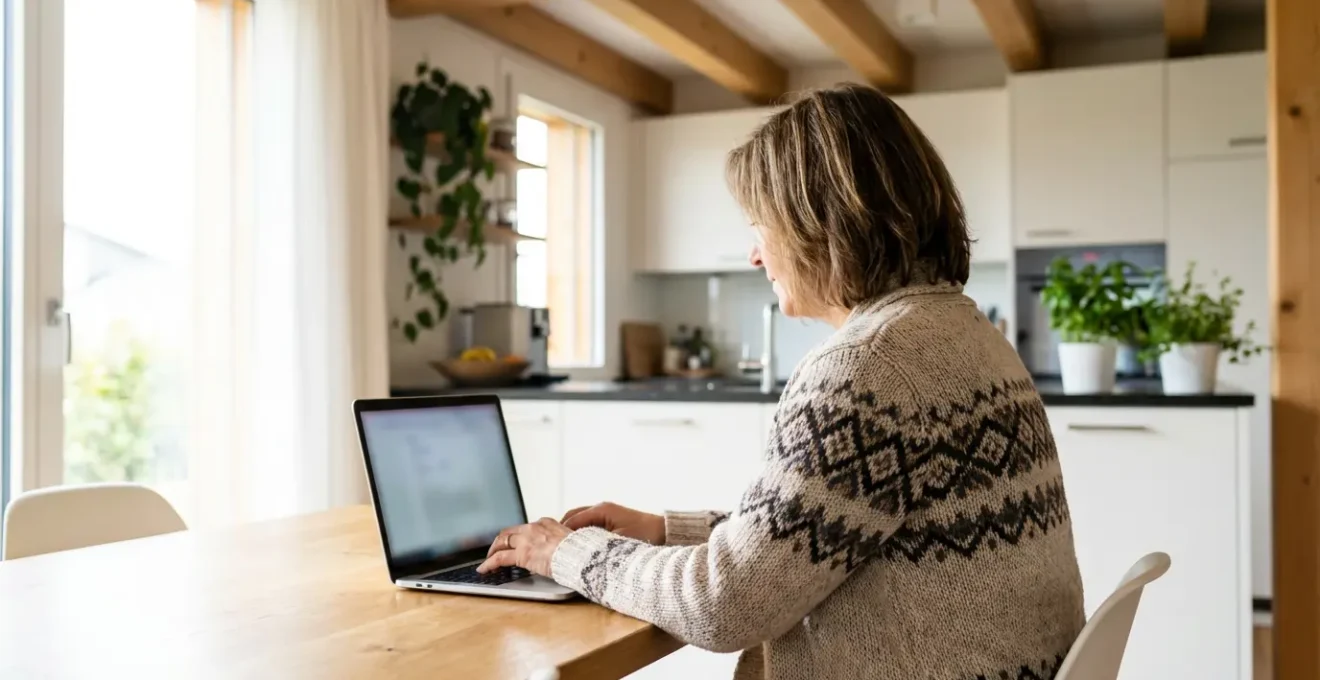 Une femme utilise une évaluation immobilière en ligne sur son ordinateur portable dans sa cuisine suisse.