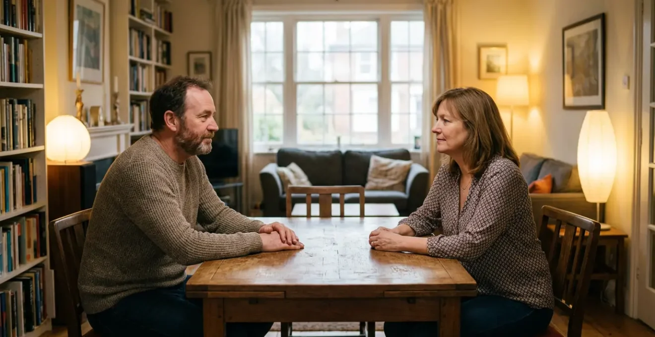 Des frères et sœurs adultes ont une conversation sérieuse sur la valeur immobilière à table.