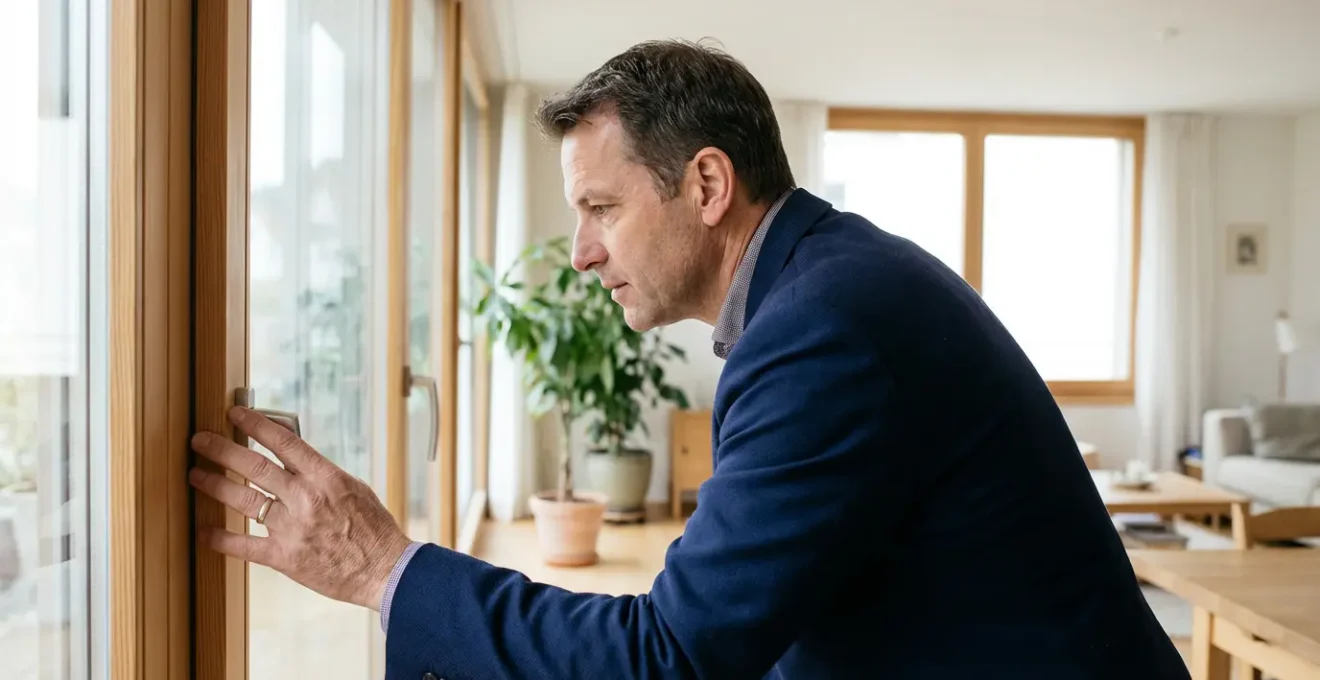 Un expert immobilier effectue une évaluation sur place dans un salon suisse