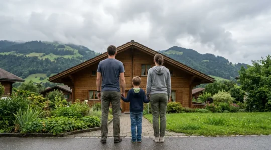 Familie betrachtet Schweizer Einfamilienhaus zur Immobilienbewertung